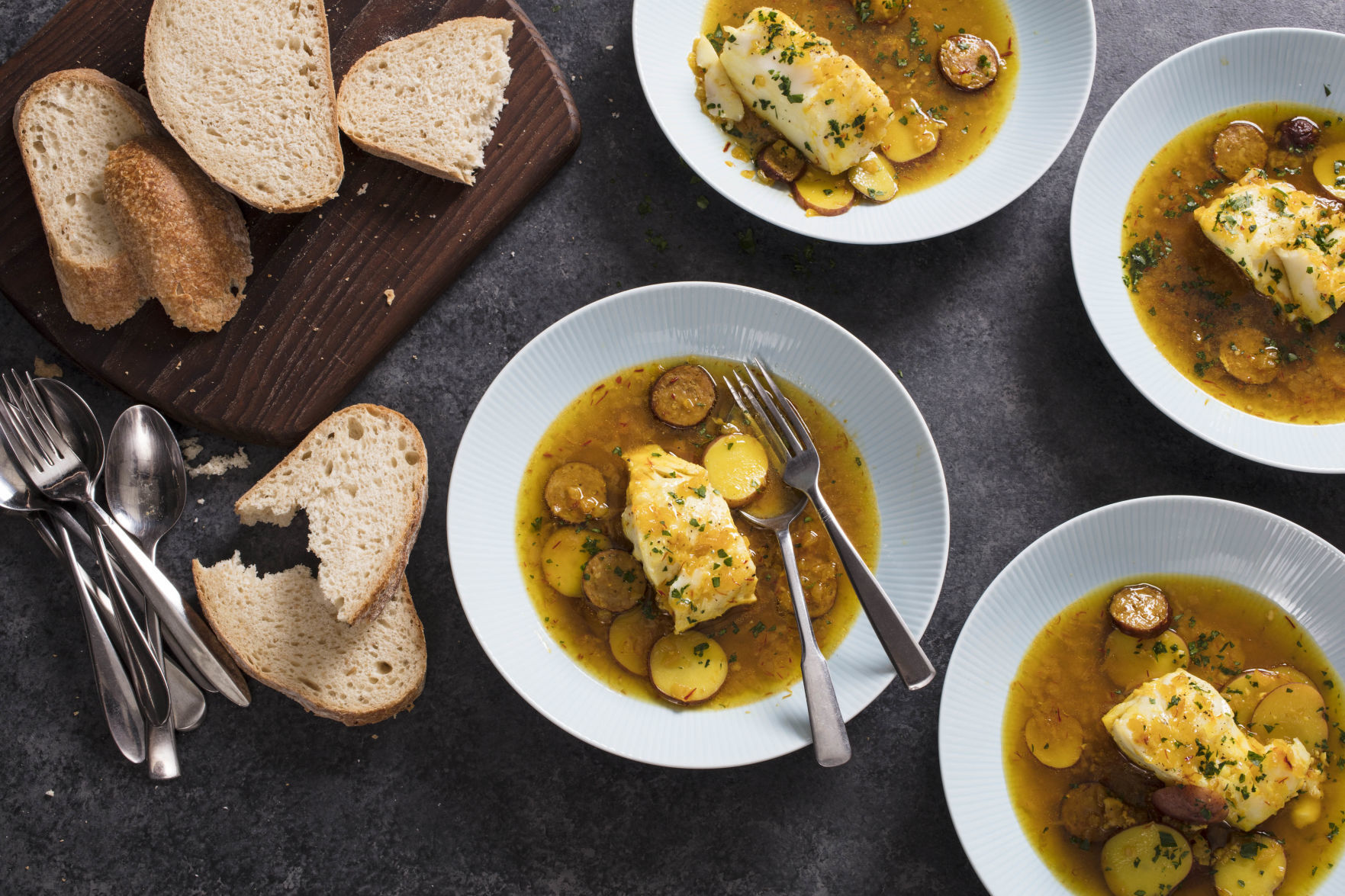 Food Column ATK Cod in Saffron Broth with Chorizo and Potatoes